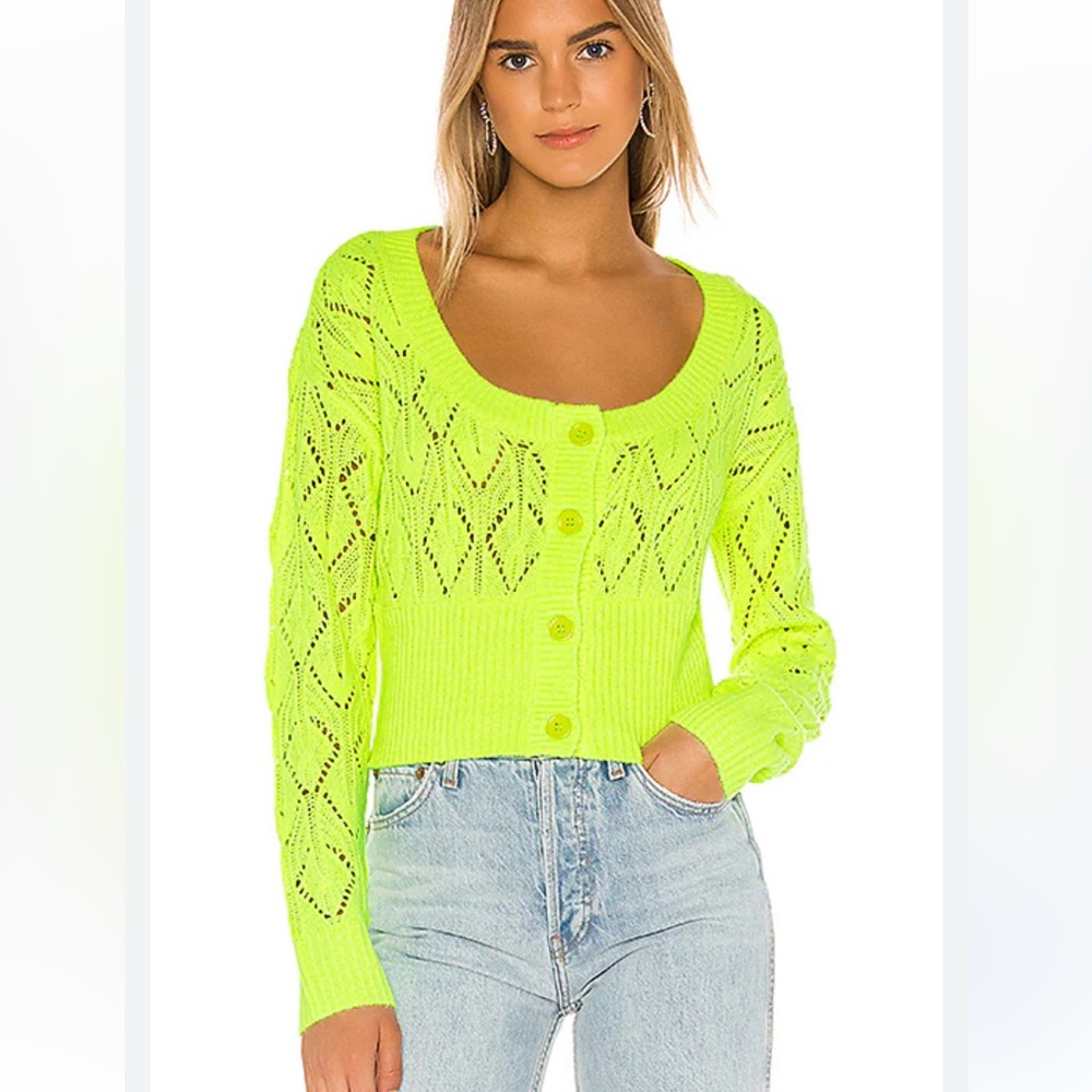 New neon green Pointelle Lovers + friends Adalyn Knit Cropped cardigan Sweater S